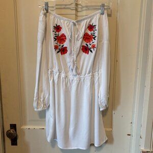 Off the Shoulder Drawstring Neck Dress w/ Roses, long sleeves| White | M